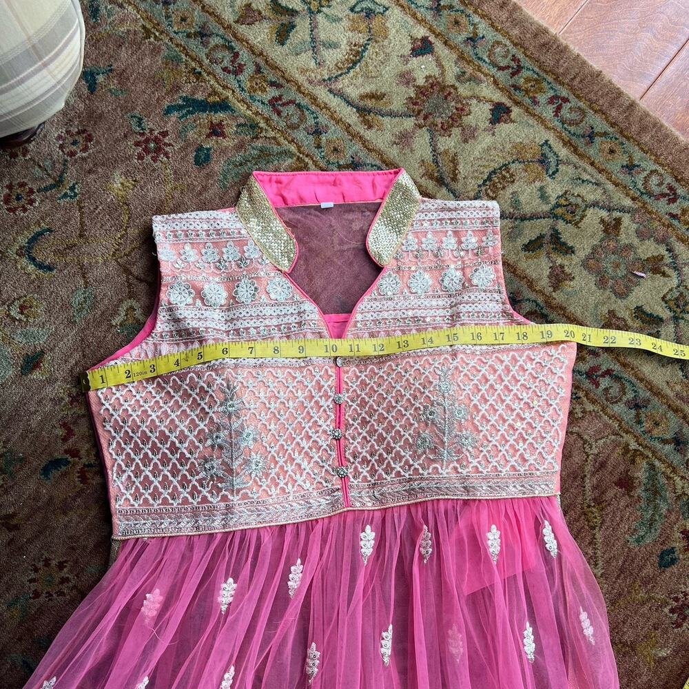Boutique Embroidered Net Anarkali Gown XL Vibrant Pink/Gold Wedding Guest Dress - Picture 9 of 13